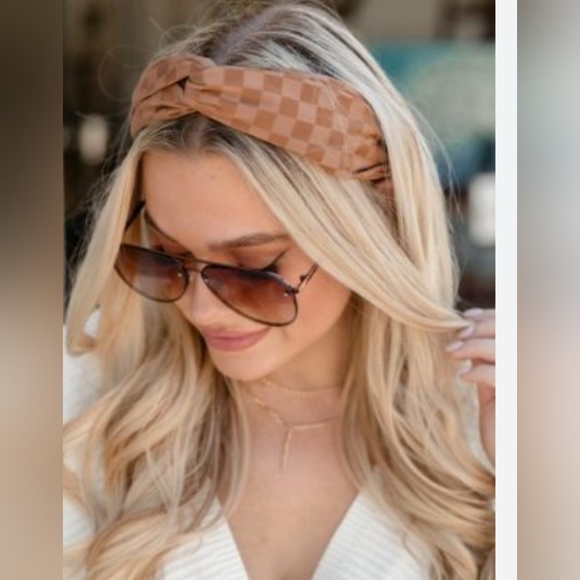 Pink Lily Accessories - Camel Checkered Headband Length: 16" from pink lilly